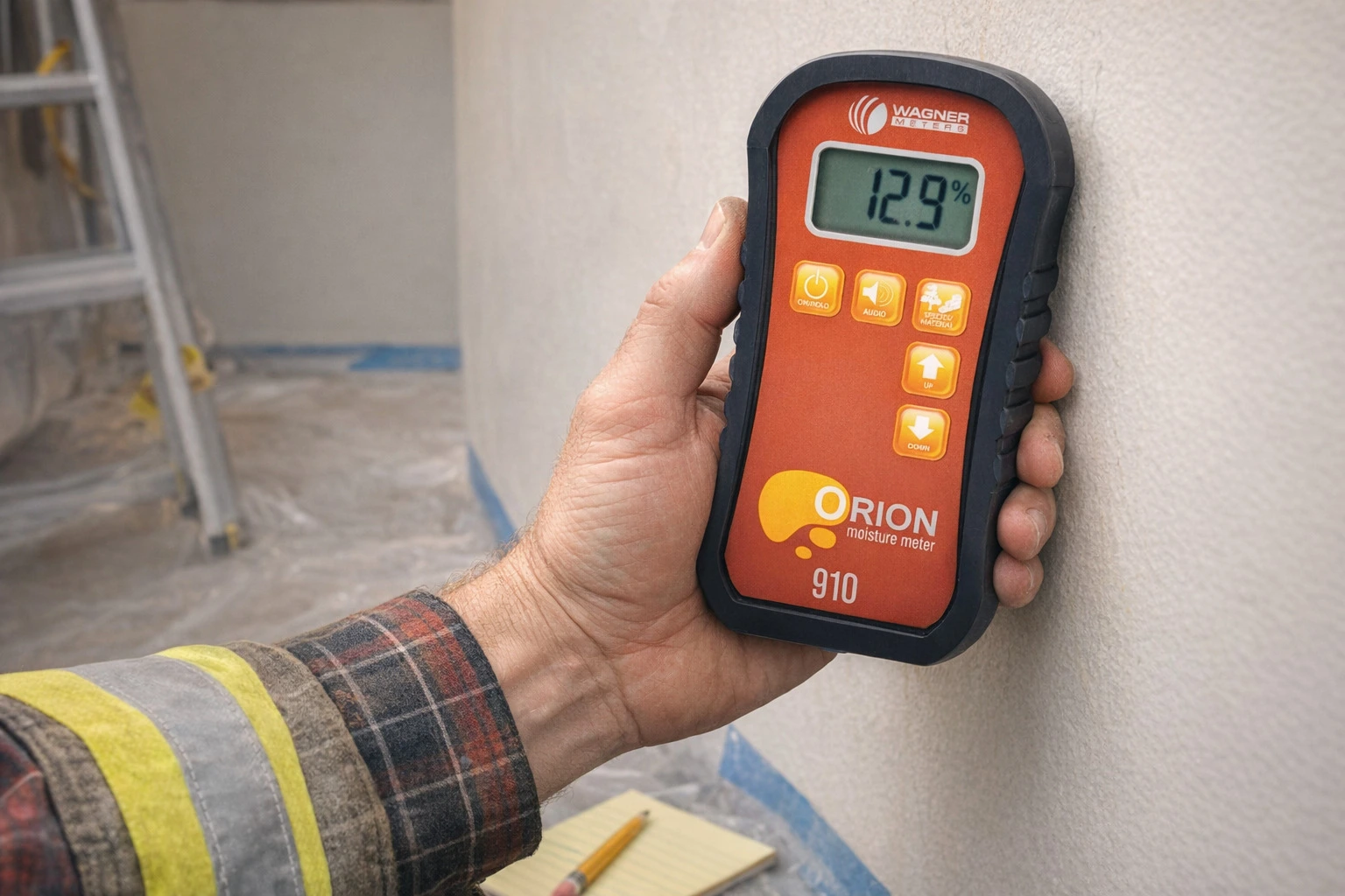 Moisture Mapping - A Contractor Holding a Moisture Meter Up to a Wall