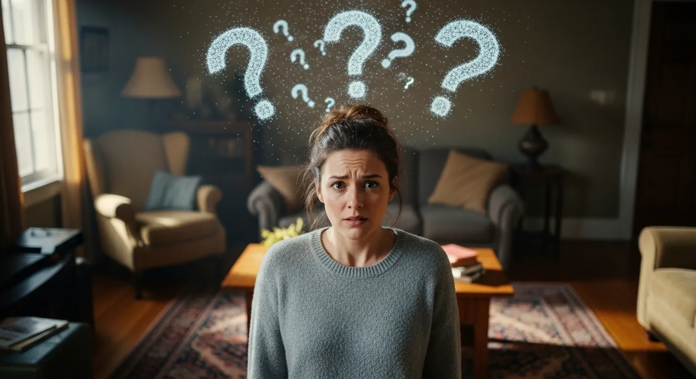 What Causes Black Mold On Walls - A Woman Standing in Her Living Room with a Confused Look on Her Face and Question Marks in the Air Above Her Head
