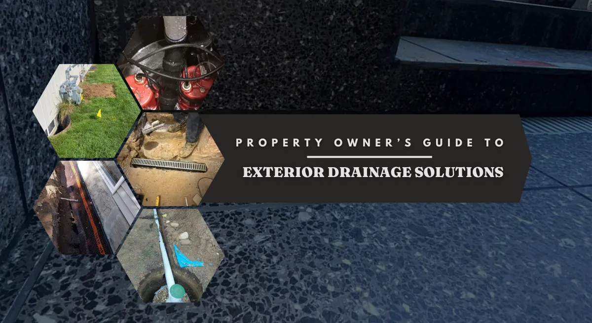 Exterior Drainage Solutions - A French Drain Image on a Beautiful Tile Patio with a Title and Other Drainage Methods in Smaller Pictures in a Collage on Top