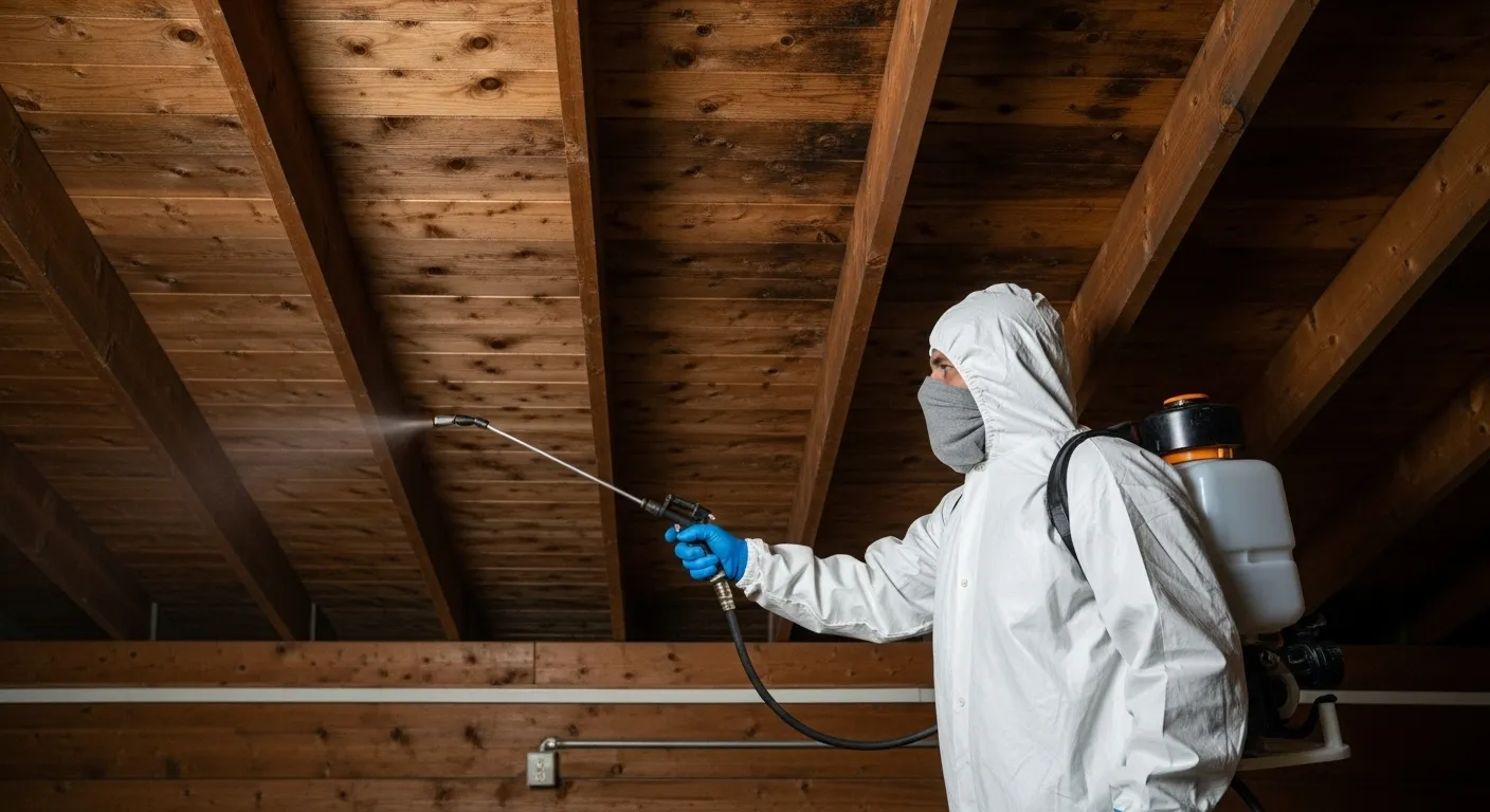 How to Prevent Attic Mold - A Mold Technician Spraying in an Attic