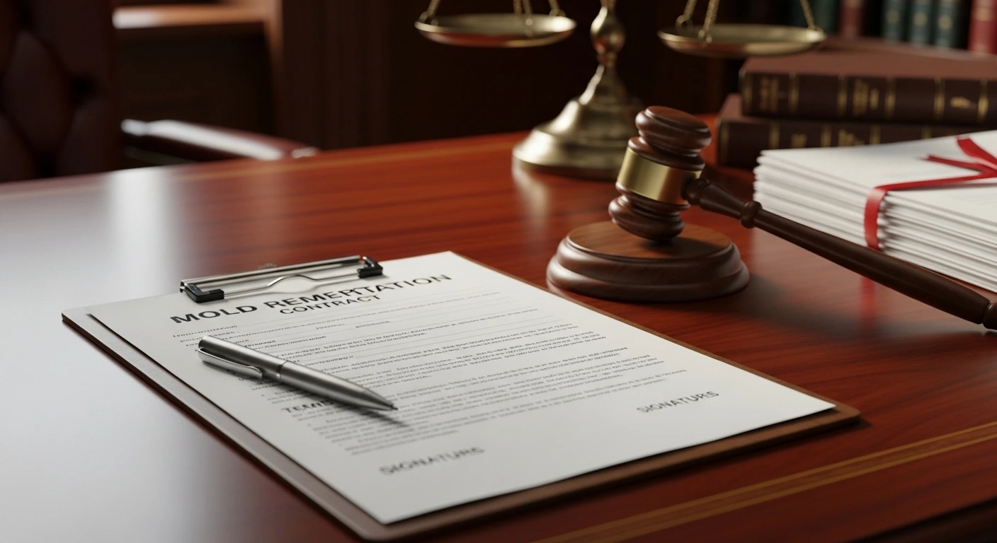Legal Requirements for Mold Removal Services - A Desk with a Gavel on Top and a Mold Remediation Contract on Top on a Clipboard