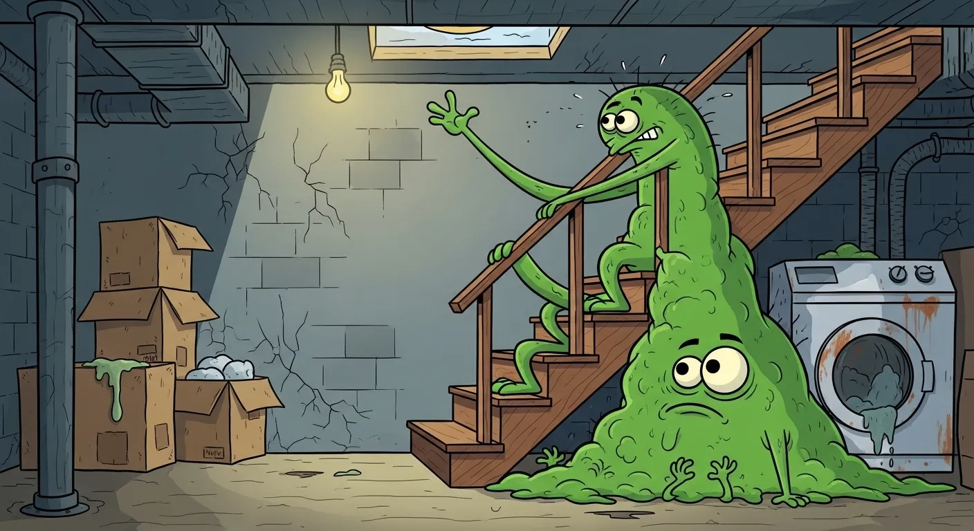 Can Mold in Your Basement Affect the Upstairs - A Cartoon of a Green Mold Monster Trying to Climb His Way Upstairs