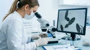 Scientific Studies on Mold - A Scientist Looking Through a Microscope at Spores