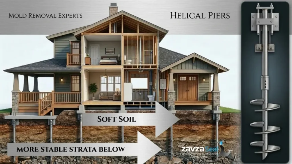 Foundation Repair: An Illustration of Helical Piers Showing How They Anchor the Foundation to Stable Strata Deep the Earth's Surface