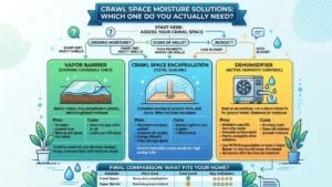 Crawl Space Encapsulation vs Vapor Barrier vs Dehumidifier - A Colorful Infographic with an Overview of What's in the Blog