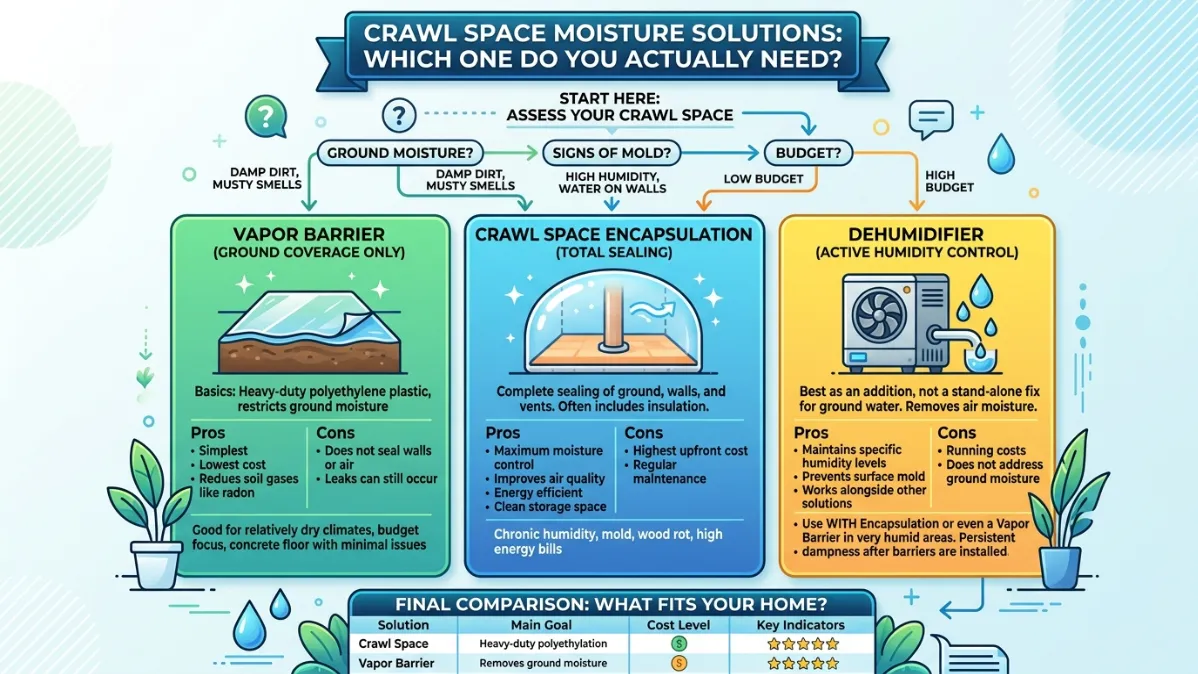 Crawl Space Encapsulation vs Vapor Barrier vs Dehumidifier - A Colorful Infographic with an Overview of What's in the Blog