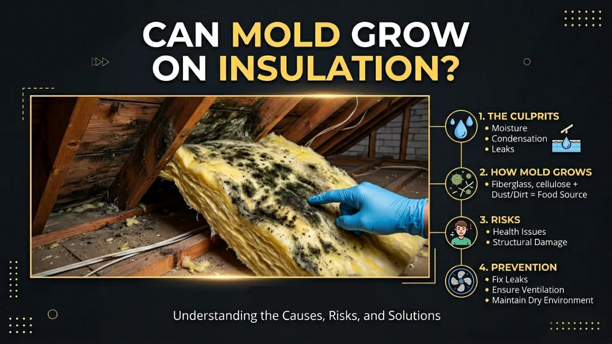 Can Mold Grow on Insulation? A Black and Yellow Graphic Showing Mold on Insulation with the Title to the Blog Written on it