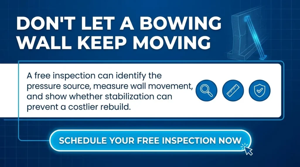 Bowing Basement Walls: A Call to Action with Blue and White Writing