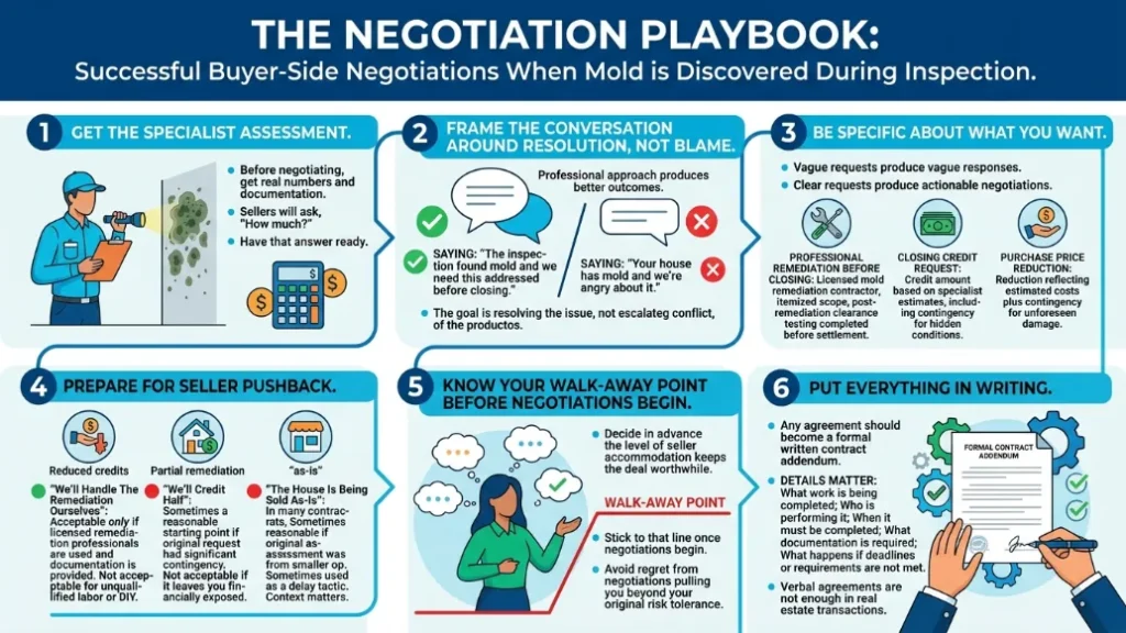 Mold Found in Home Inspection Guide for Homeowners - A Colorful Infographic Giving Homeowners Tips to Negotiate if Mold is Foung in a Home Inspection