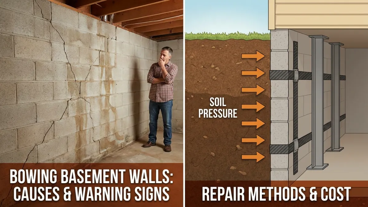 Bowing Basement Walls: A Man Looking at His Bowing Wall Wondering Something and the Title of the Post Next to it