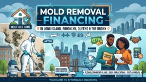 Mold Removal Financing - A Color Graphic with the Title of the Post on it and an Illustration of a Man with Mold in His Home Getting Financing Options Explained to Him