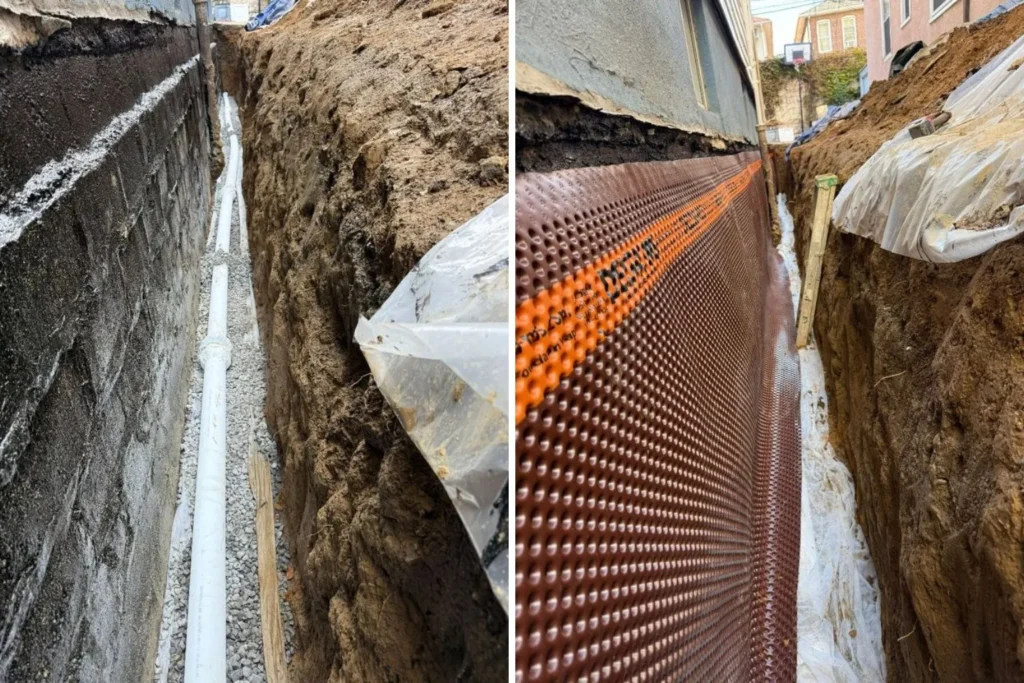 Foundation Repair - A Before and After Picture of a Foundation Drainage and Membrane Waterproofing System