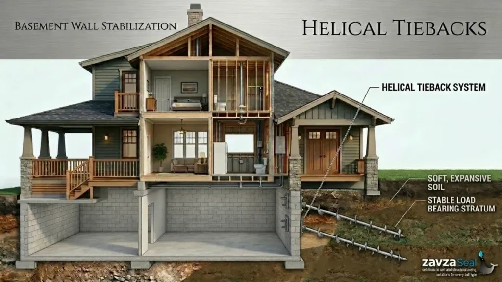 Foundation Repair - A Color Illustration of How Helical Tiebacks Work for Lateral Support on Bowing Walls
