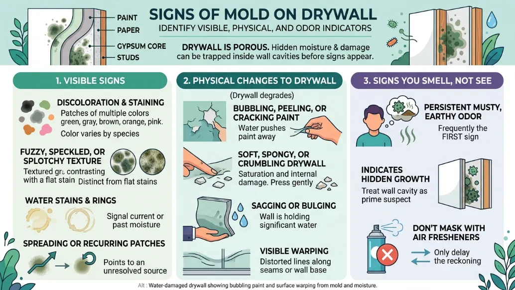 Can Mold Grow on Drywall? A Colorful Infographic Listing Some Signs of Mold on Drywall to Help Homeowner's Identify