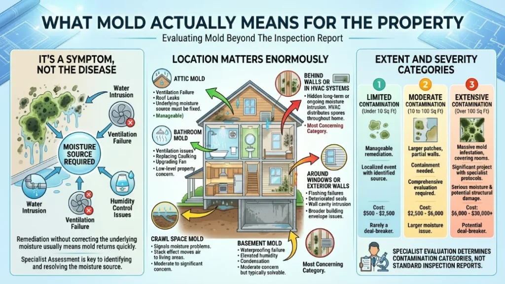 Mold Found in Home Inspection Guide for Homeowners - A Color Infographic Explaining What it Means When Mold is Found in Home Inspections