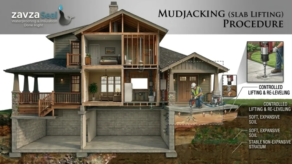 Foundation Repair - A Color Illustration of How Mudjacking Works to Life Concrete to a Level Position