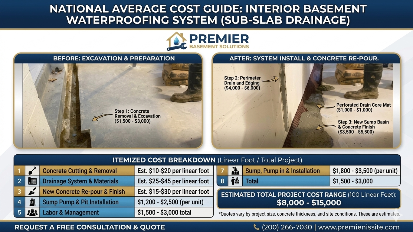 Basement Waterproofing Cost - A Colorful Infographic with an Overview of the Blog Contents in the Cost Guide