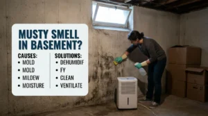 Musty Smell in Basement: A Homeowner Working by a Dehumidifier to Clean Mold Off the Wall