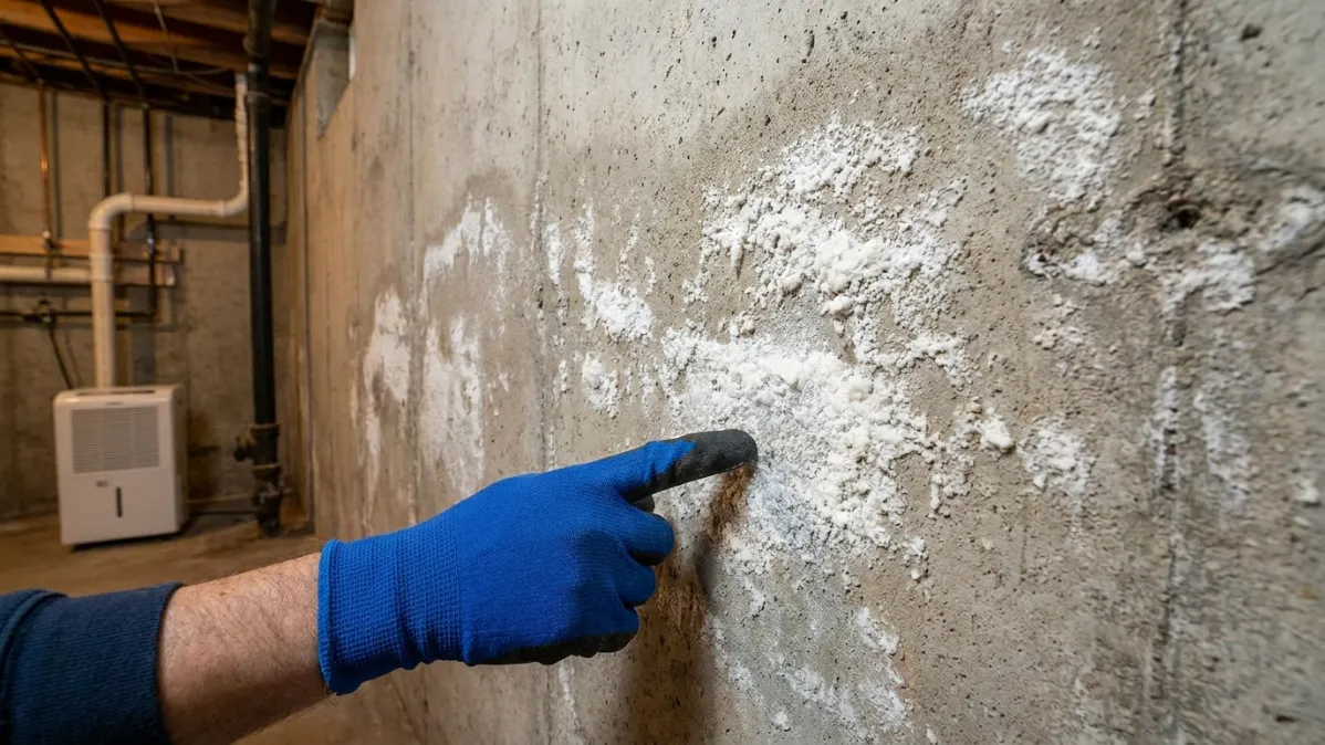 Efflorescence on Basement Walls: A Contractor Pointing at a Wall with Efflourescence on it