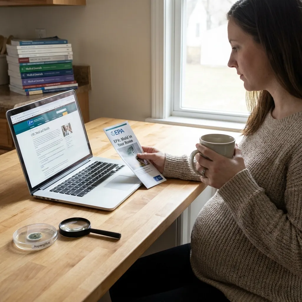 Is Mold Dangerous During Pregnancy? A Picture of a Pregnant Mommy At the Table with a Laptop in Front of Her Looking at a Pamphlet