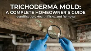Trichoderma Mold - A Contractor with a Magnifying Glass Looking at Green Mold on a Joist in a Crawl Space