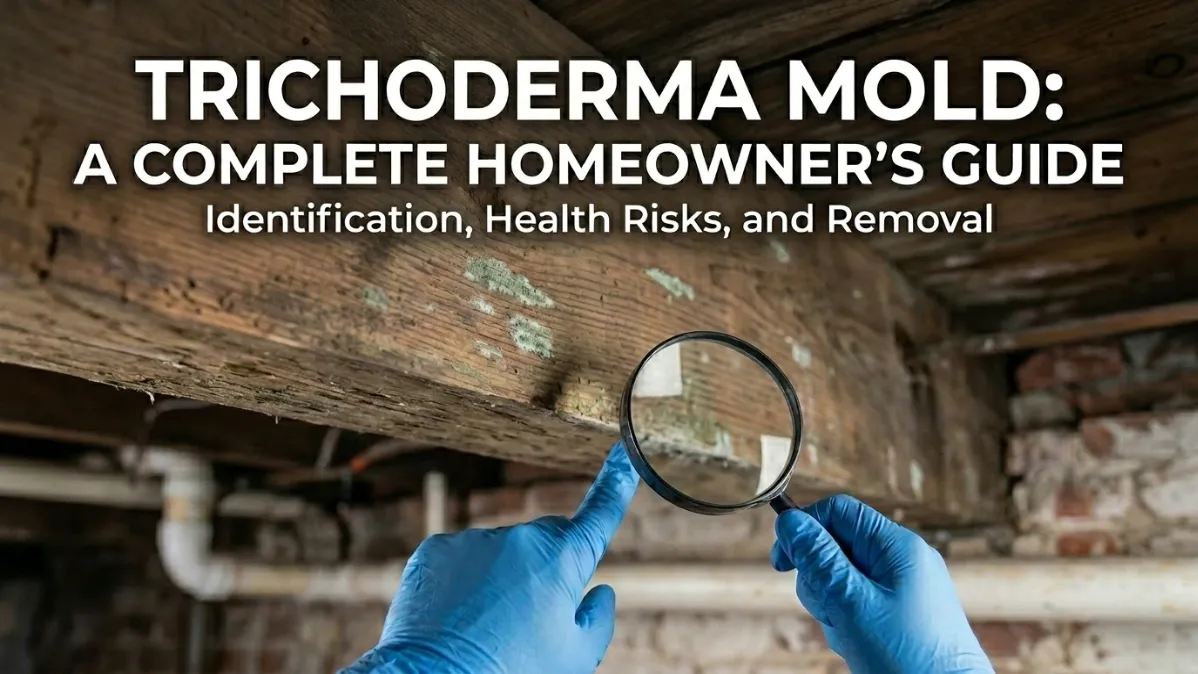 Trichoderma Mold - A Contractor with a Magnifying Glass Looking at Green Mold on a Joist in a Crawl Space