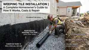 Weeping Tile Installation - A Contractor Installing a Foundation Drainage System Near a House Foundation