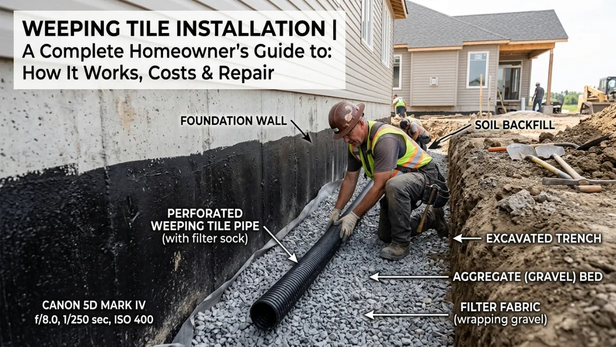 Weeping Tile Installation - A Contractor Installing a Foundation Drainage System Near a House Foundation