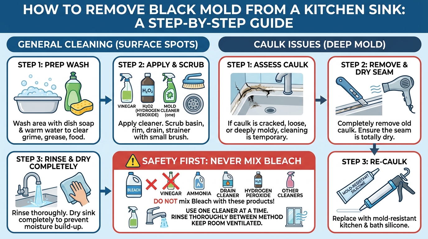 How to Remove Black Mold from a Kitchen Sink: A Colorful Infographic Showing How to Remove Black Mold from Sink