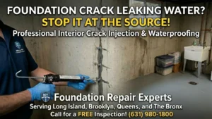 Foundation Crack Leaking Water - A Picture of a Contractor Working on Sealing a Foundation Crack So That it Doesn't Leak