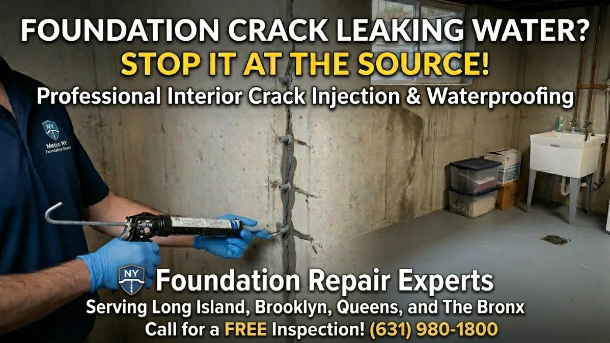 Foundation Crack Leaking Water - A Picture of a Contractor Working on Sealing a Foundation Crack So That it Doesn't Leak