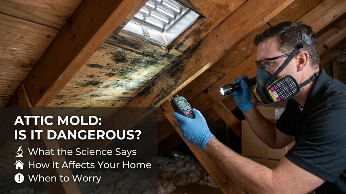 Is Attic Mold Dangerous? A Picture of a Contractor Inspecting Attic Mold with the Title of this Blog on it