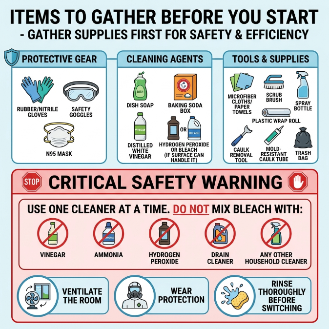 How to Remove Black Mold from a Kitchen Sink: A Colorful Infographic Explaining Items to Gather Before Mold Removal from Kitchen Sink