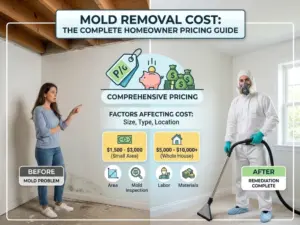 Mold Removal Cost - A House with Mold on One Side with a Distressed Lady Standing in it and a House without Mold on the Other with a Remediation Technician Standing in it