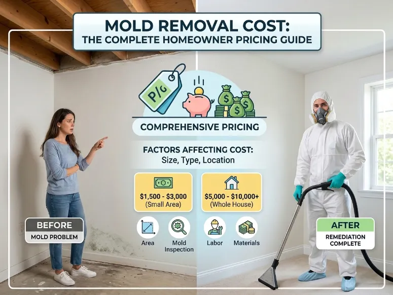 Mold Removal Cost - A House with Mold on One Side with a Distressed Lady Standing in it and a House without Mold on the Other with a Remediation Technician Standing in it
