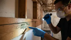 Is Trichoderma Mold Dangerous? A Man Inspecting Mold in a Basement