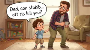 Can Stachybotrys Kill You? A Cartoon of a Man and His Son in the Living Room. The Little Boy is Asking His Father if Stachybotrys Can Kill You