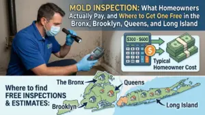 Mold Inspection Cost - A Colorful Image of a Man Doing a Mold Inspection with Some Facts from the Blog Written on it