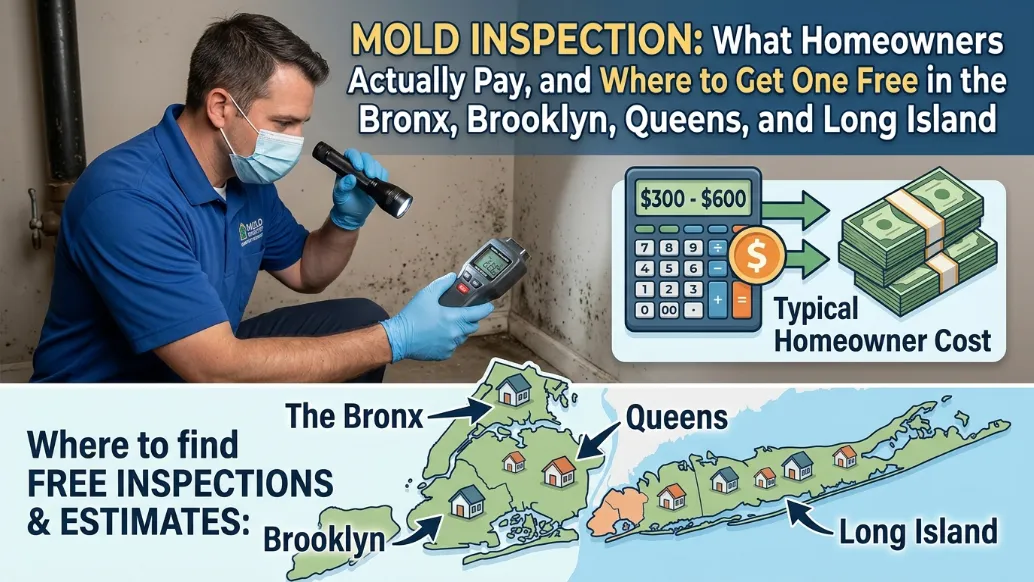 Mold Inspection Cost - A Colorful Image of a Man Doing a Mold Inspection with Some Facts from the Blog Written on it