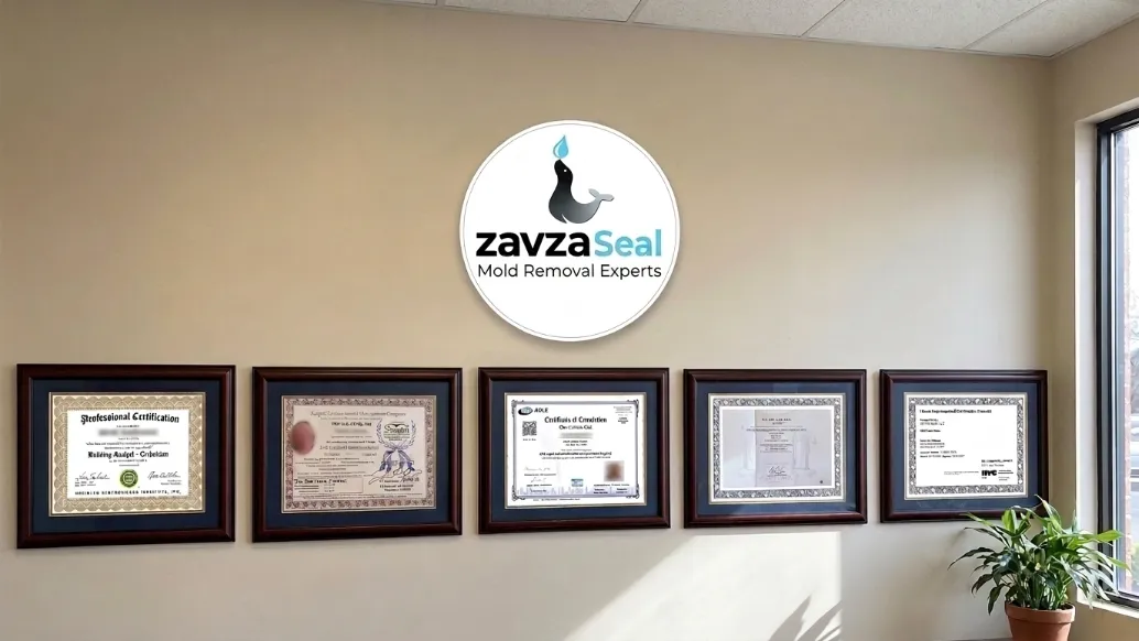 Mold Removal Experts by Zavza Seal - Licenses and Certifications Hanging on a Wall with a Company Logo Above Them