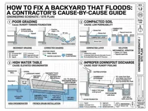 How to Fix a Backyard That Floods - A Technical Drawing of Methods that Can Stop Backyard Flooding