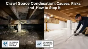 Crawl Space Condensation Guide - A Picture of a Damp Crawl Space on One Side and an Encapsulated Crawl Space on the Other