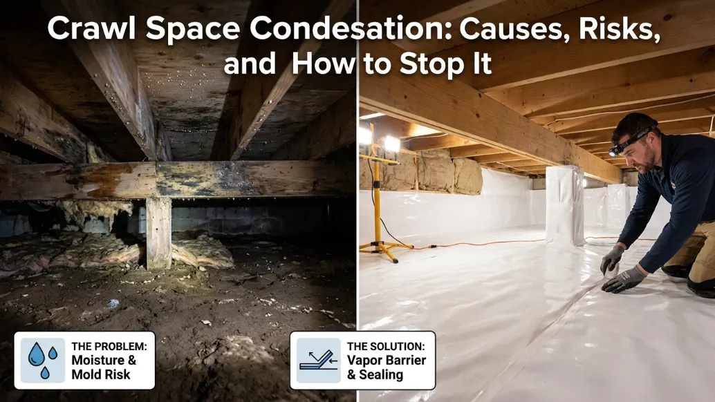 Crawl Space Condensation Guide - A Picture of a Damp Crawl Space on One Side and an Encapsulated Crawl Space on the Other
